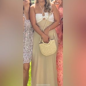 Bobbles and Lace Halter White and Tan Dress - bachelorette